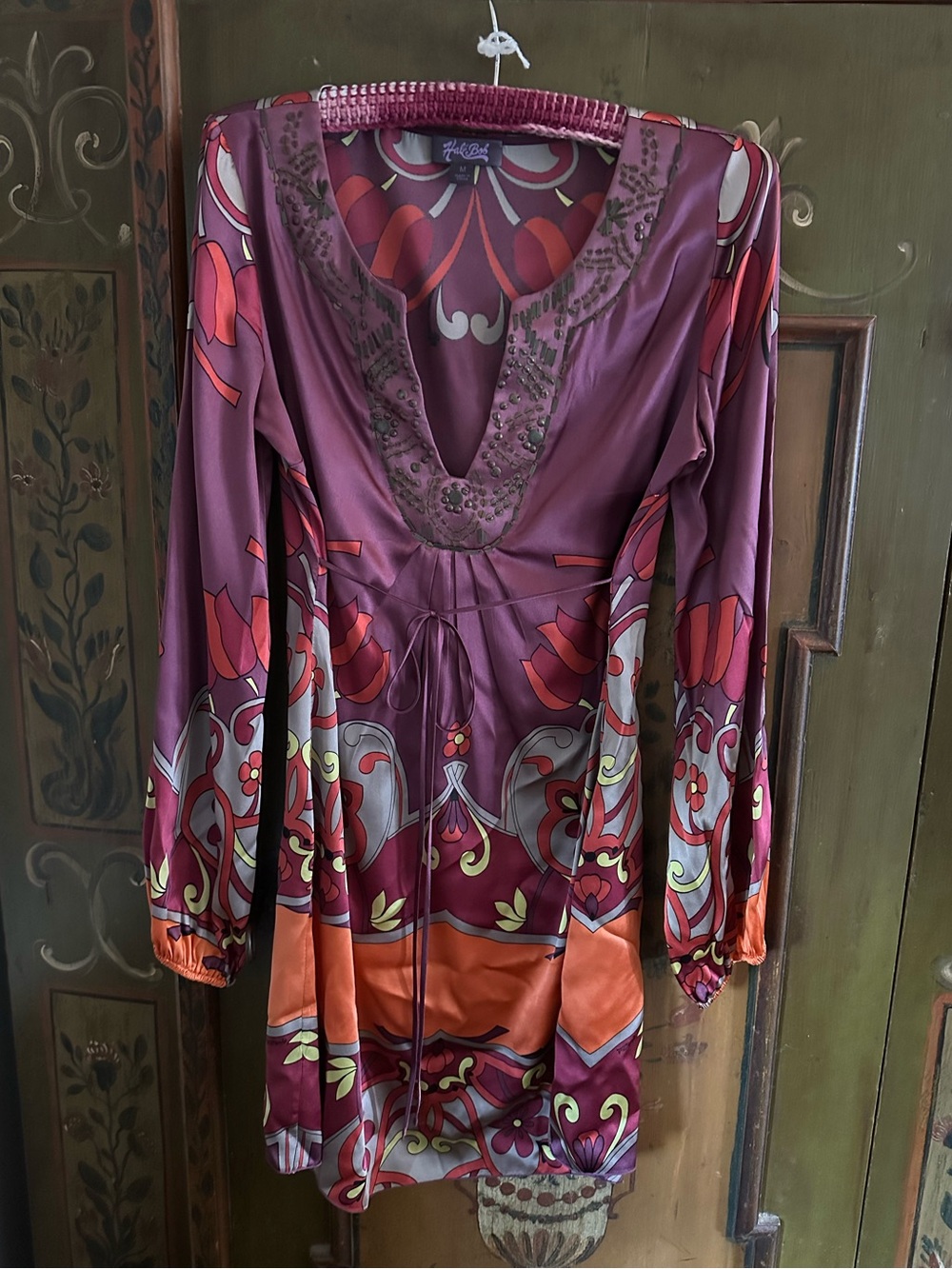 Hale Bob Plum, Red, & Orange Silk Boho Whimsical Long-Sleeve Beaded Mini Dress-M